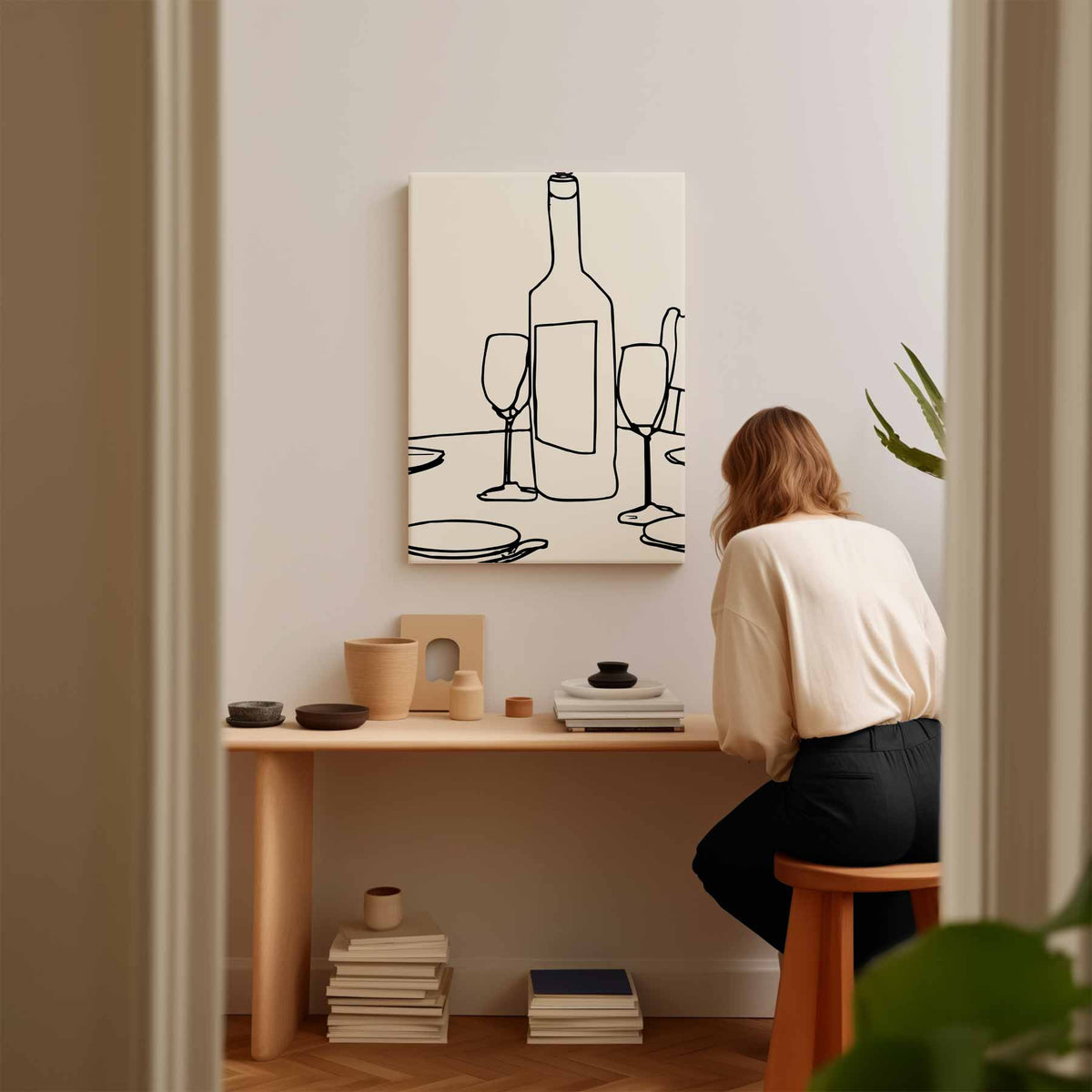 Minimalistisch Tafereel van Wijn en Glazen – kunstwerk met zwarte baklijst