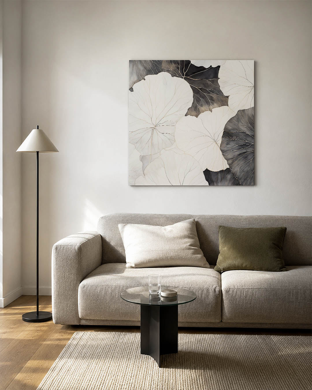 Organische bladvormen kunstwerk – vierkante wanddecoratie – dit kunstwerk toont een harmonie van grote, overlappende