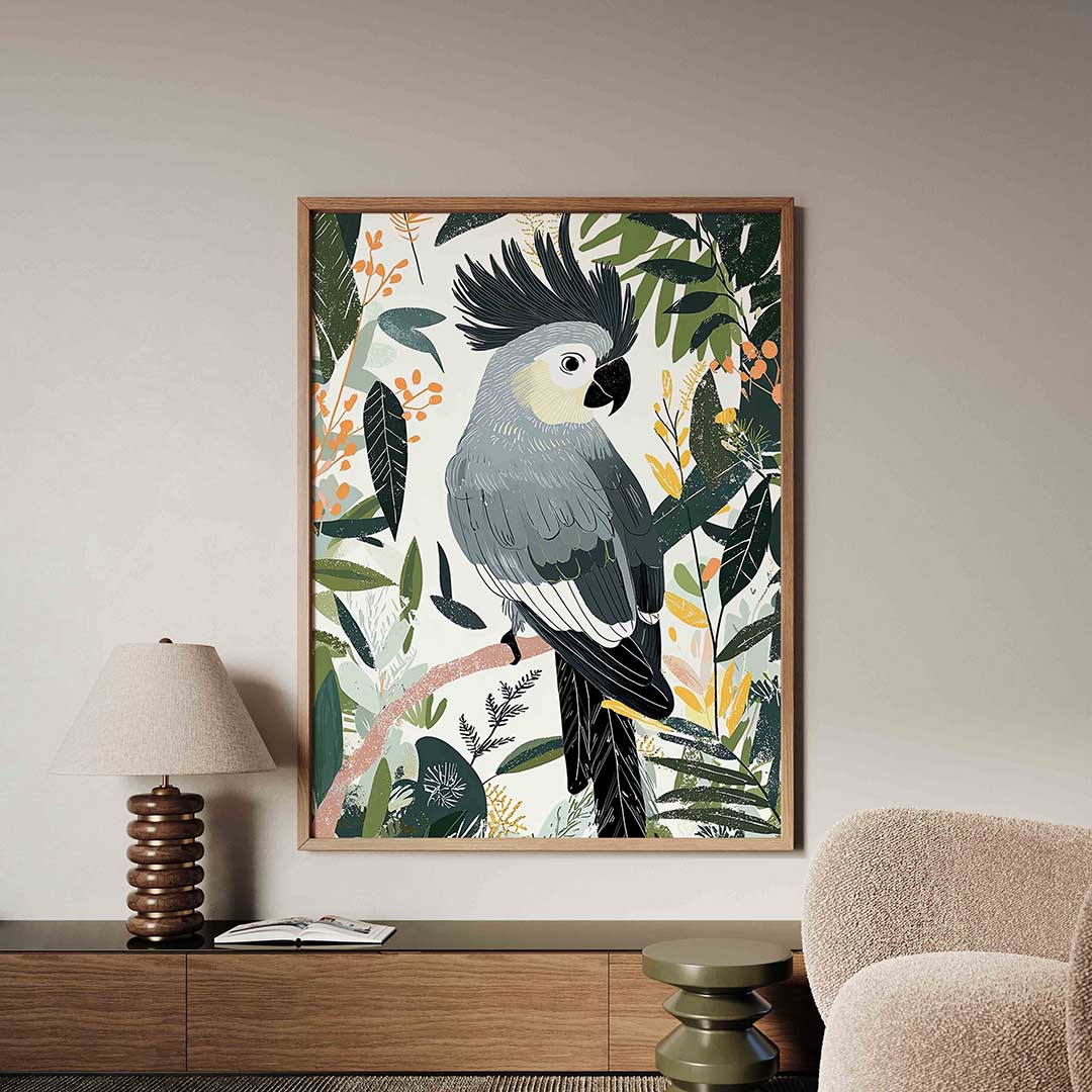 Papegaai en bladeren – dieren poster in staand formaat