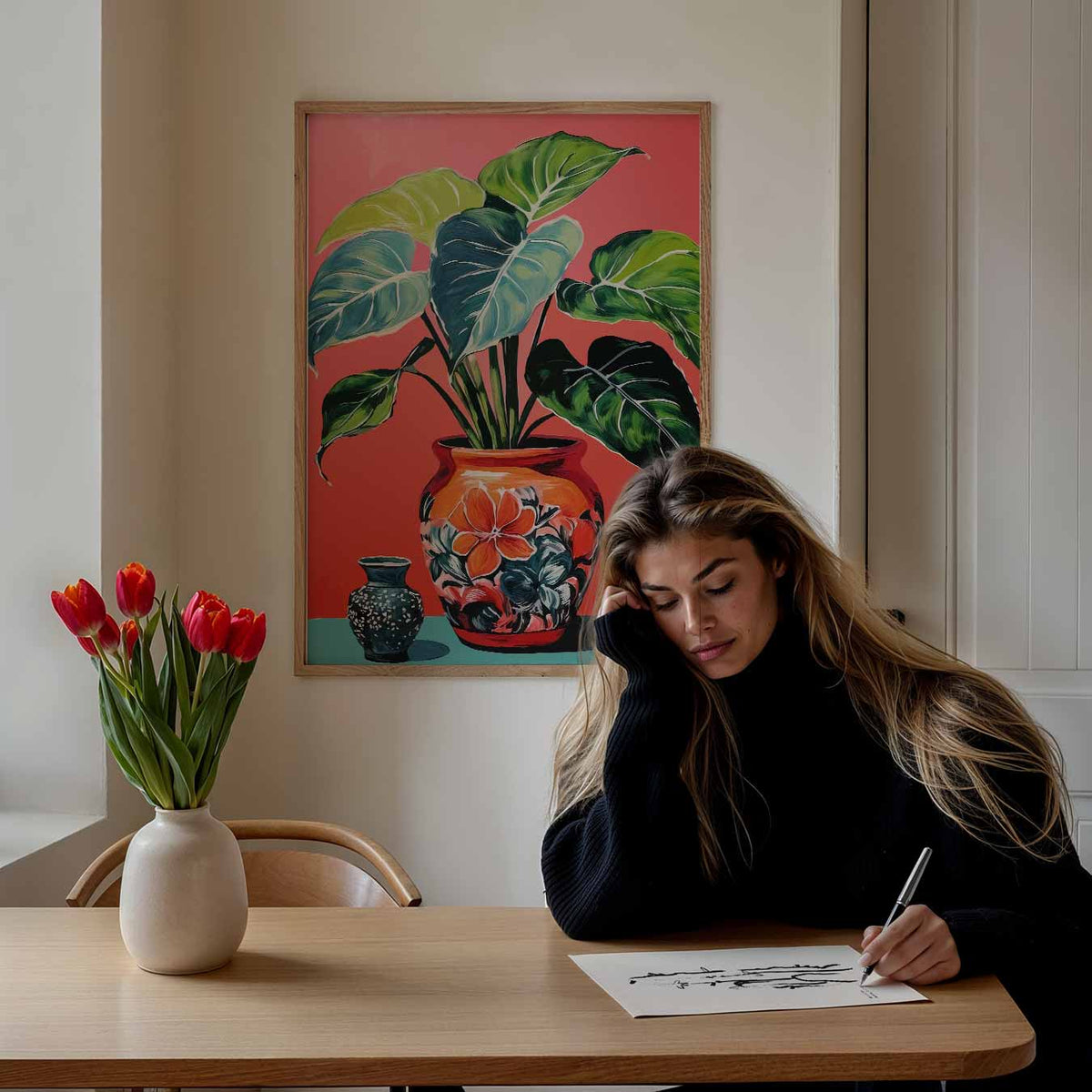 Tropische Bladeren in Stijlvolle Vaas – bloemen poster als moderne staande wanddecoratie