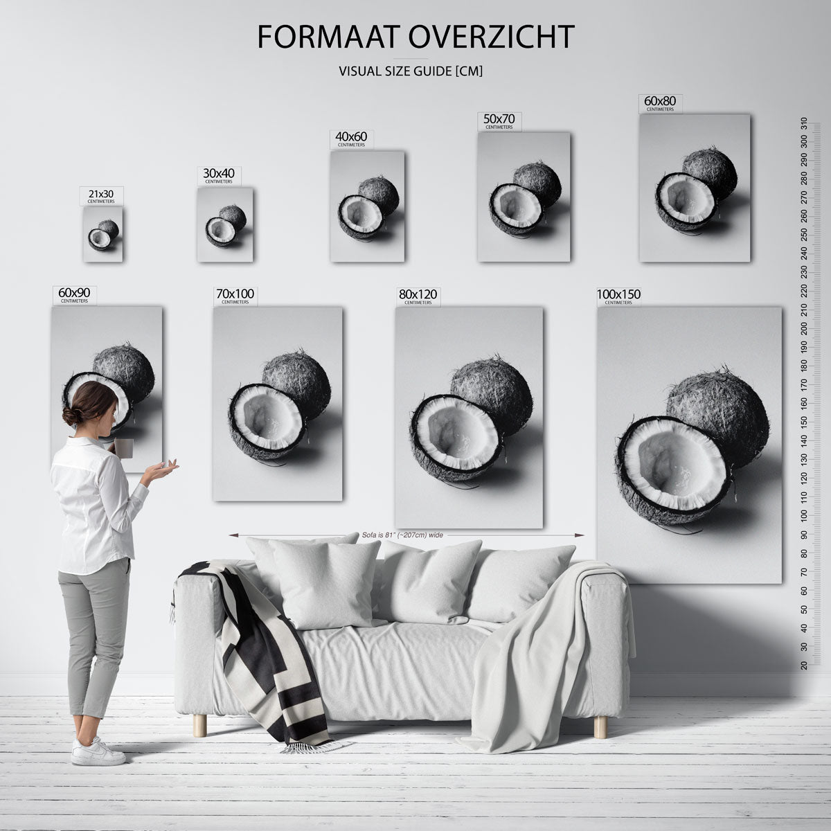 Kokosnoot zwart wit – staande muurposter met natuurthema
