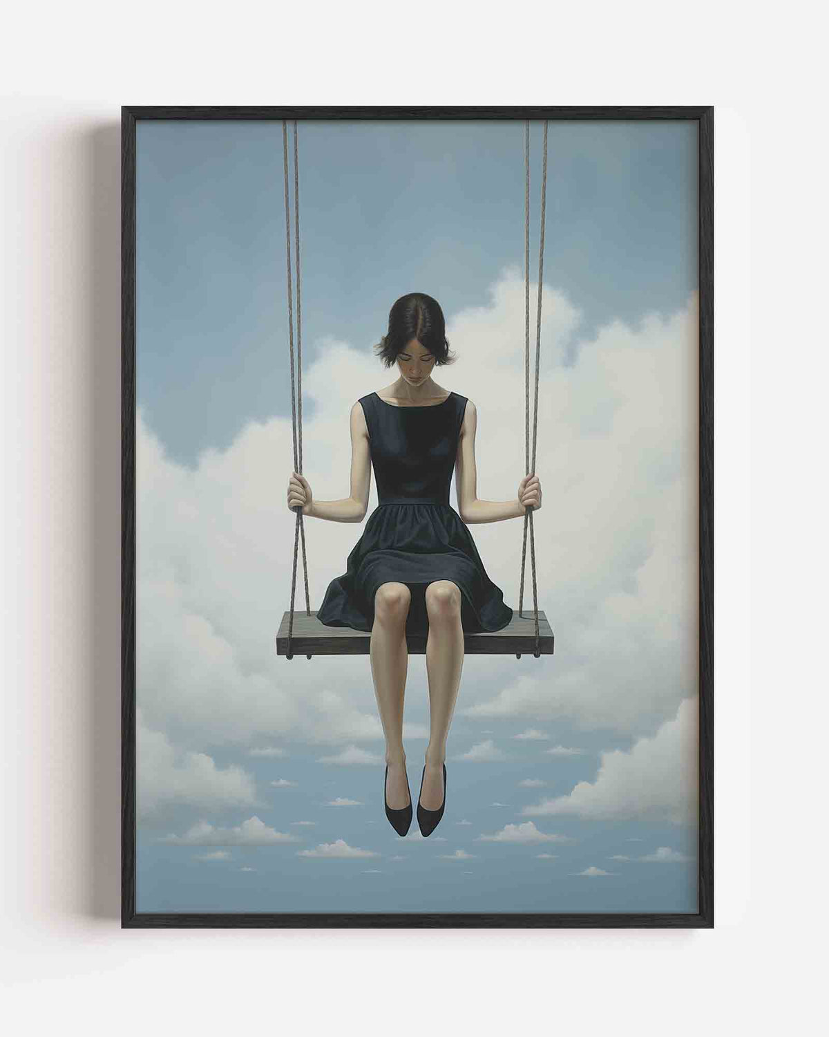 Vrouw op schommel – surrealistische portret poster als wanddecoratie
