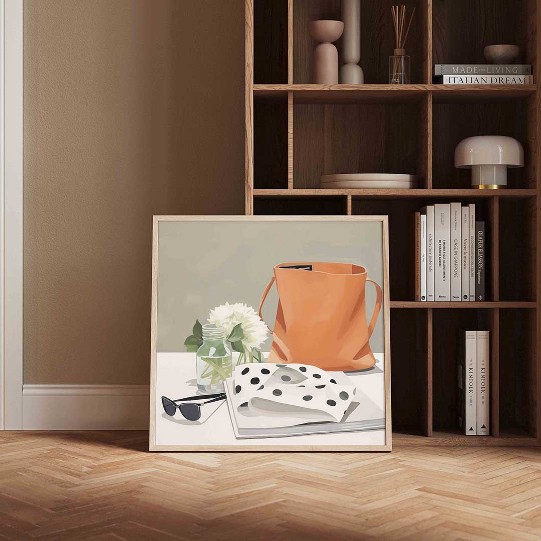 Oranje tas en bloemen – vierkante wanddecoratie met kleur en vorm van WallArtistic