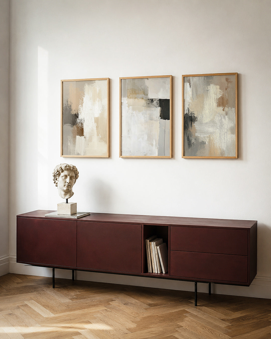 Neutrale kleurvlakken posterset – tweede productweergave – deze posterset in drie delen toont een harmonie van beige,