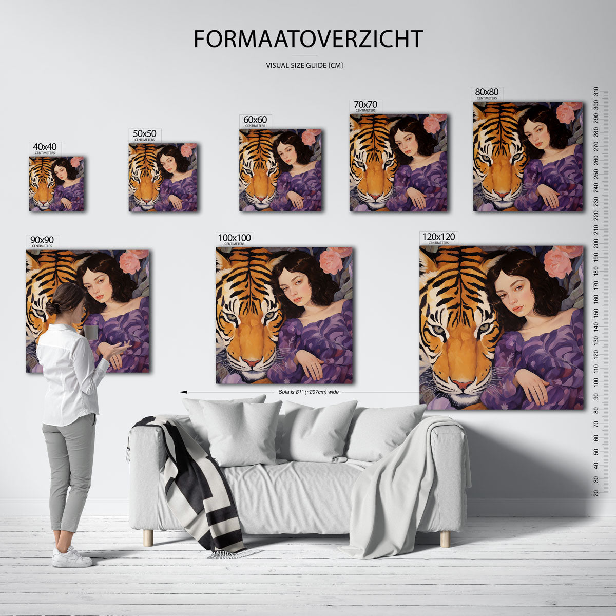 Tijger en vrouw – vierkante muurposter met kleurrijke illustratie