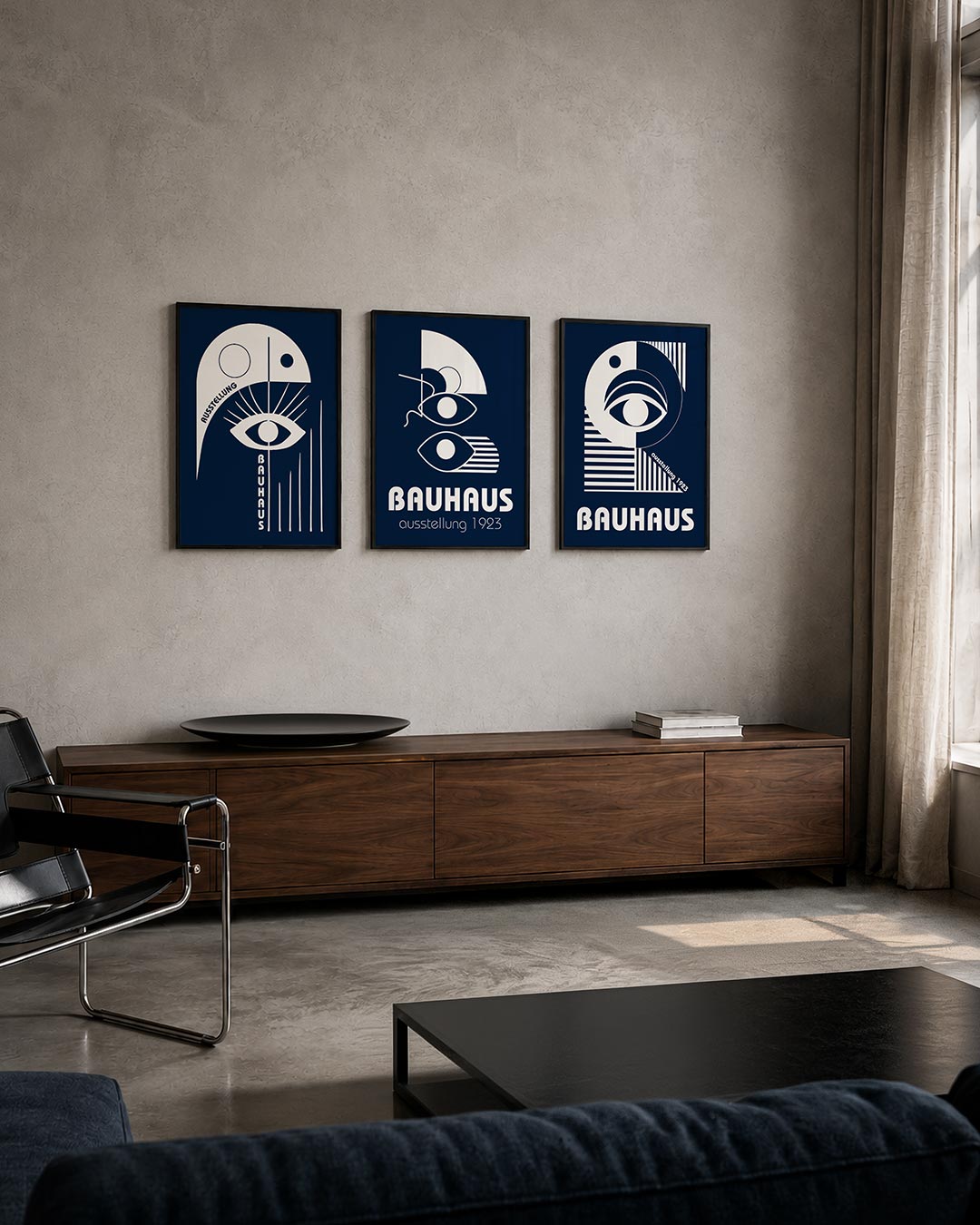 Oog en lijnen posterset – tweede productweergave – een donkerblauwe achtergrond met witte vormen. Een groot oog centraal