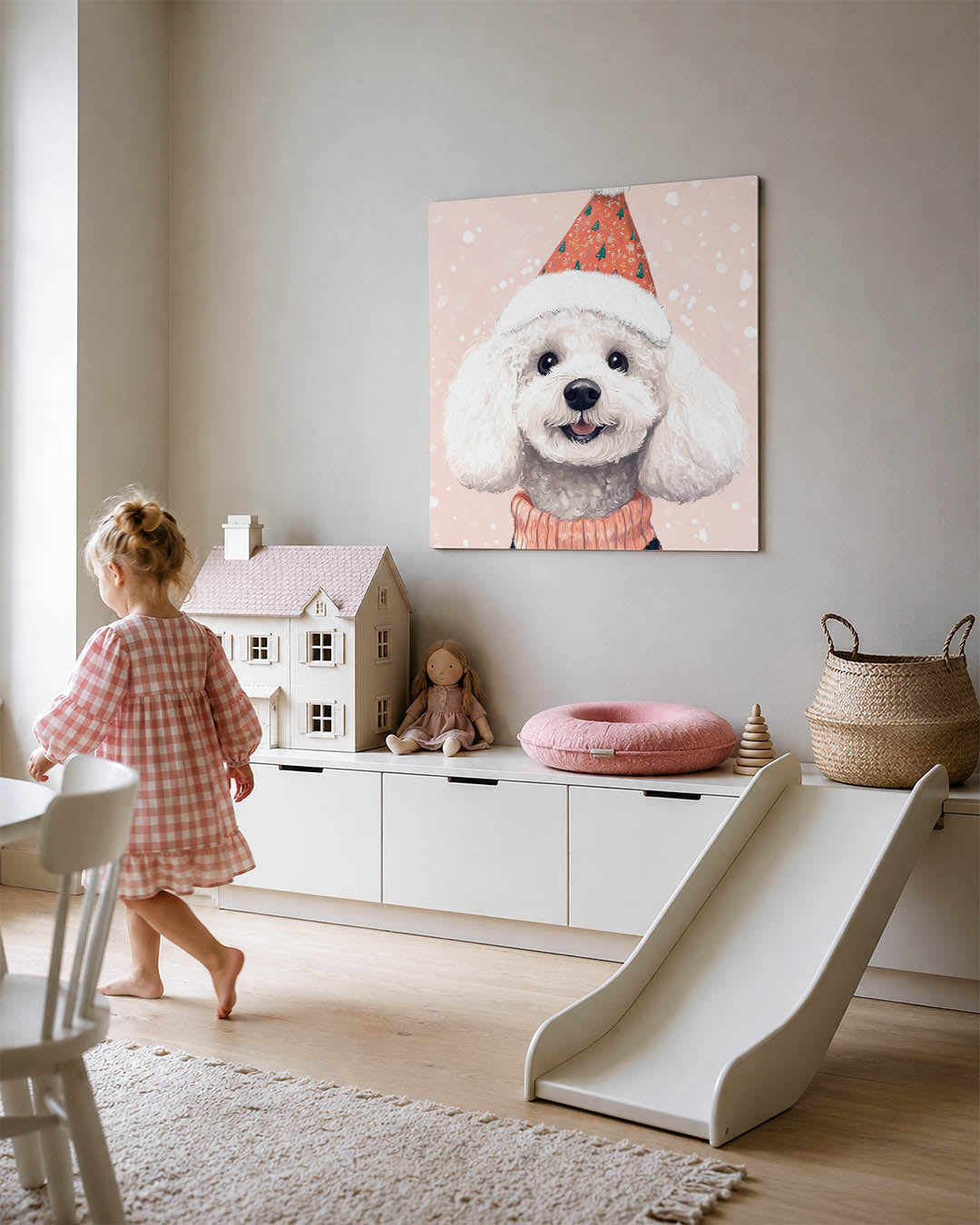 Vrolijke hond illustratie kunstwerk – tweede productweergave – dit toont een schattige witte hond met een feestelijke hoed op