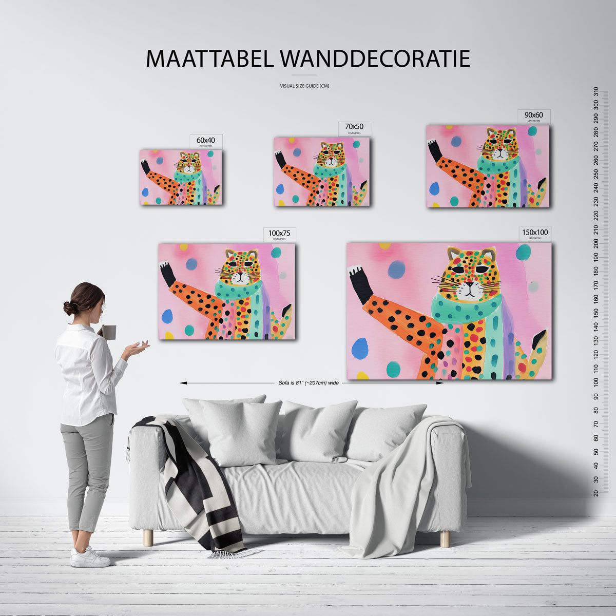 Vrolijke luipaard illustratie – Kleurrijke – moderne liggende wanddecoratie