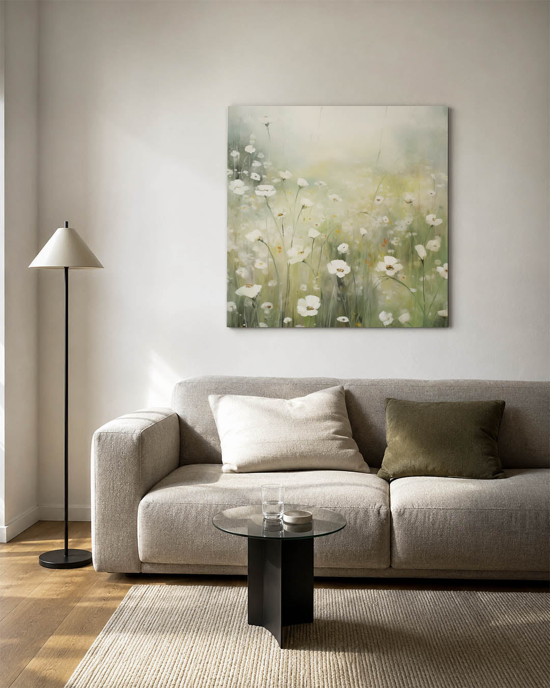 Dromerige bloemenweide kunstwerk – detailweergave – dit kunstwerk toont een bloemenweide met delicate witte bloemen tegen een