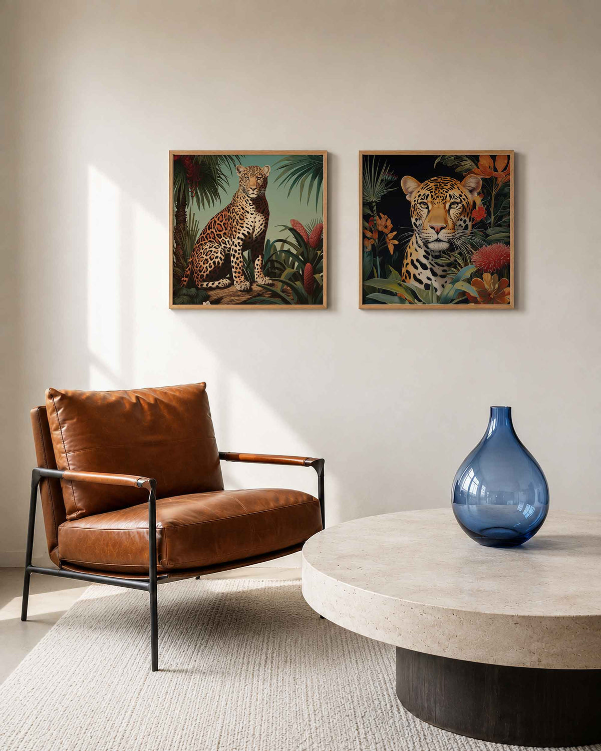 Interieurpresentatie van een tweedelige vierkante posterset met luipaarden in tropisch gebladerte
