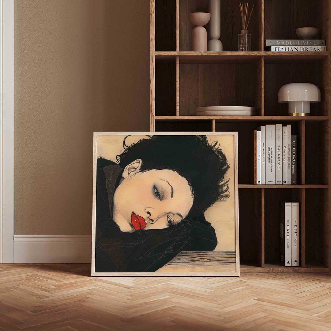 Vrouw met rode lippen – vierkante design wanddecoratie van WallArtistic