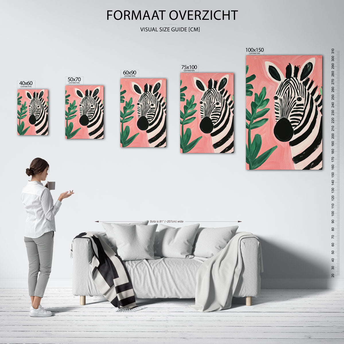 Zebra en bladeren – staand wanddecoratie kunstwerk