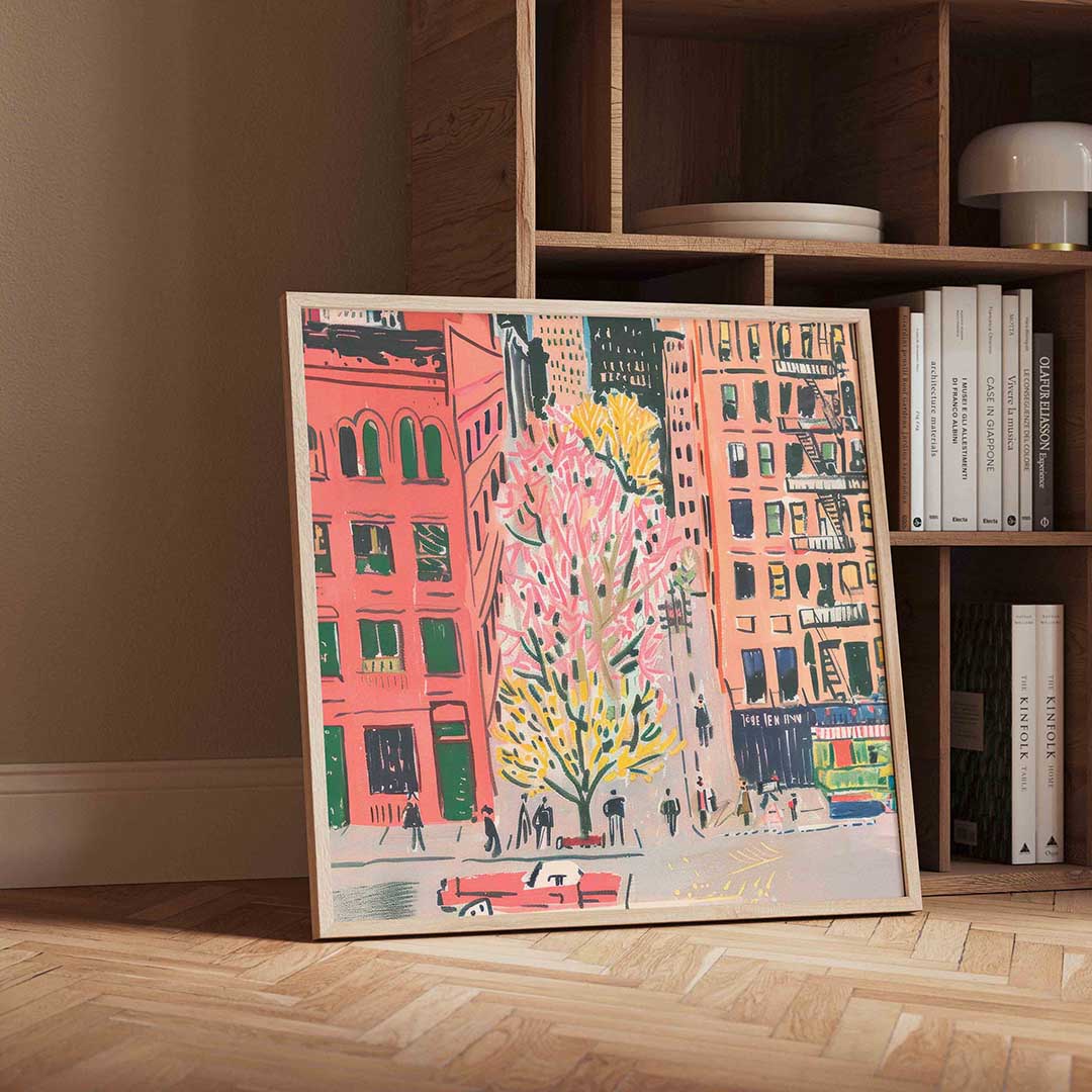 Stadsgezicht met bomen – geïllustreerde wandkunst als vierkante poster