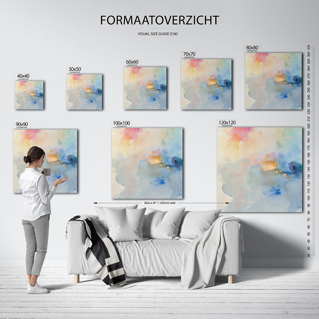 Dromerige kleurencompositie kunstwerk – materiaalweergave – dit werk toont een vloeiende mix van zachte kleuren en vormen