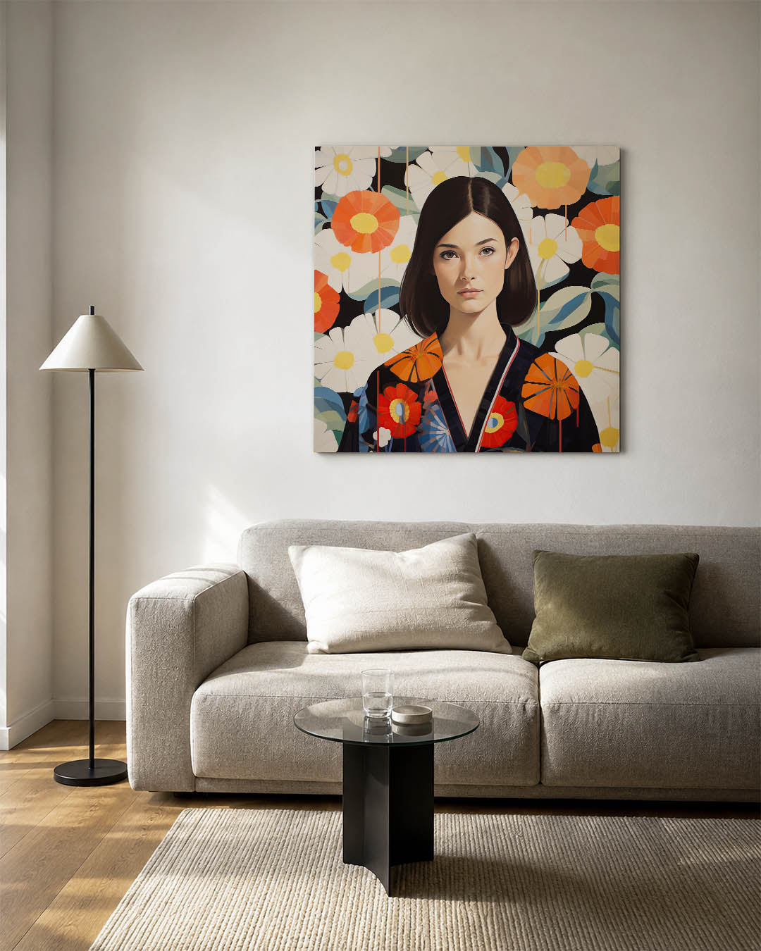 Bloemenportret met patronen kunstwerk – vierkante wanddecoratie – dit werk toont een vrouw voor een achtergrond van grote