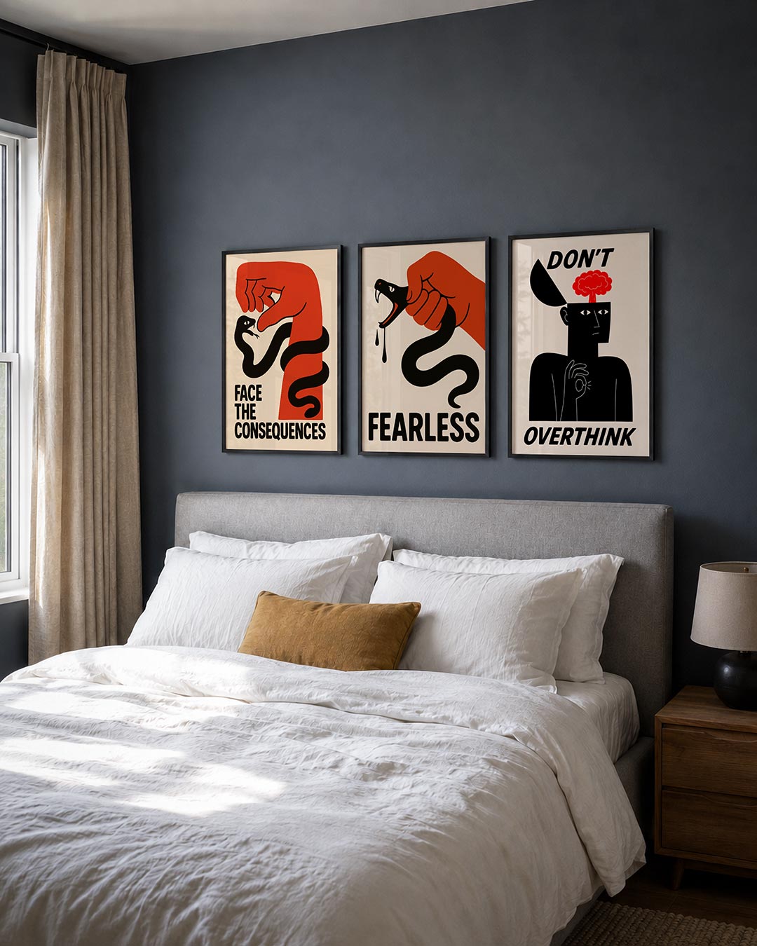 Krachtige confrontatie posterset – detailweergave – een rode hand en een zwarte slang vormen een dynamisch