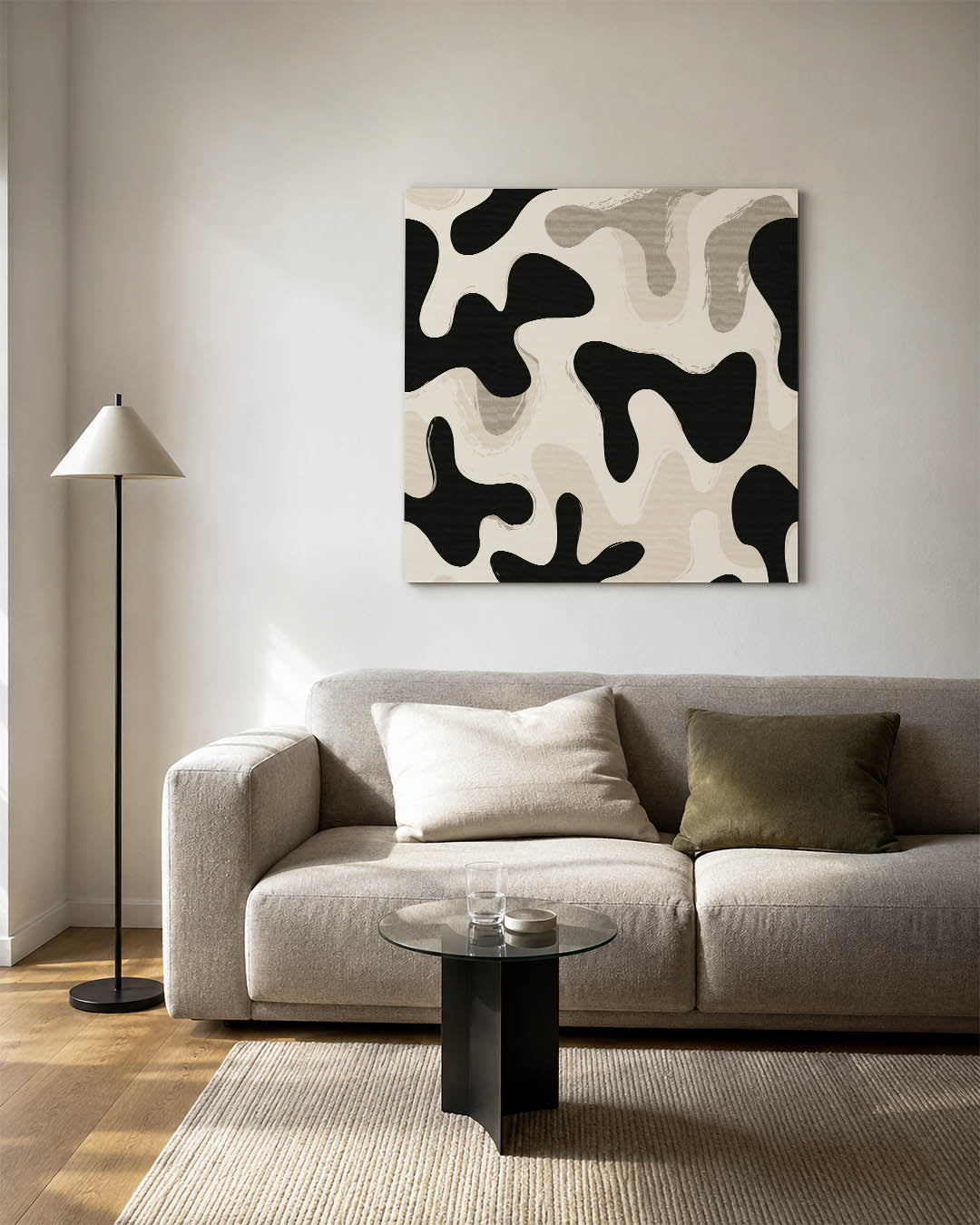 Organische vormen compositie kunstwerk – vierkante wanddecoratie – dit werk toont vloeiende, organische vormen in zwart, wit