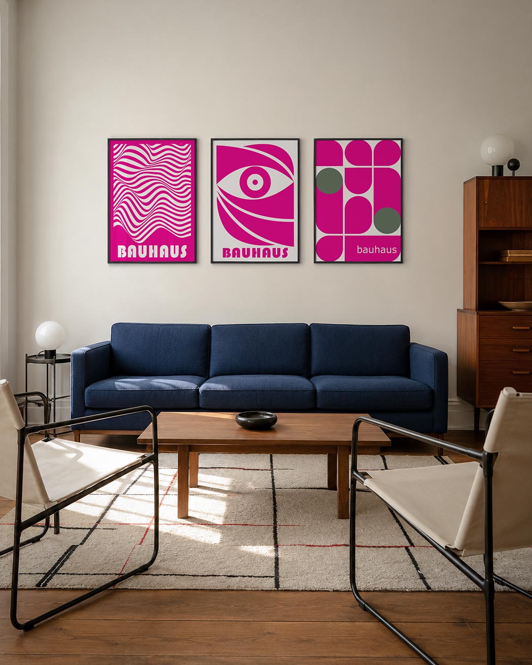 Golvend lijnenspel posterset – derde productweergave – deze posterset in drie delen toont levendige roze en witte golvende