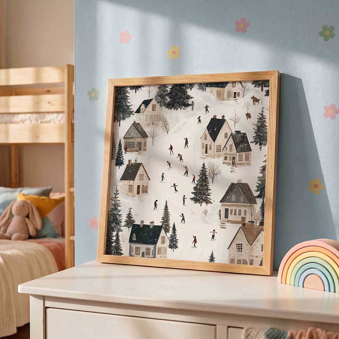 Winterdorp met schaatsers – speelse wandkunst als vierkante kinderposter