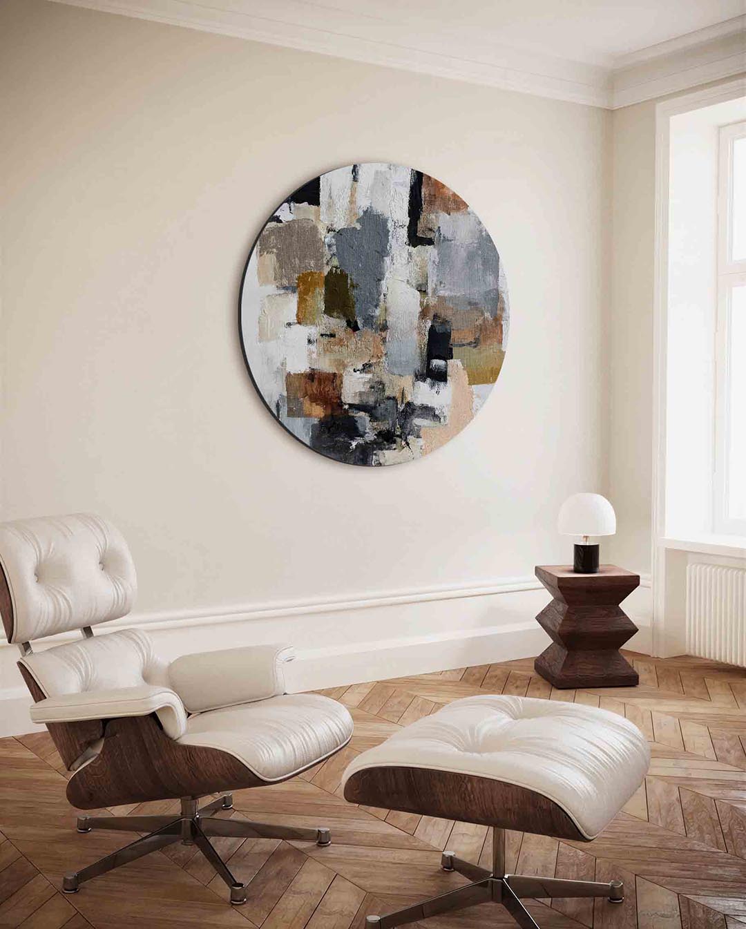 Abstracte vormen – moderne ronde wanddecoratie met vrouwelijk portret