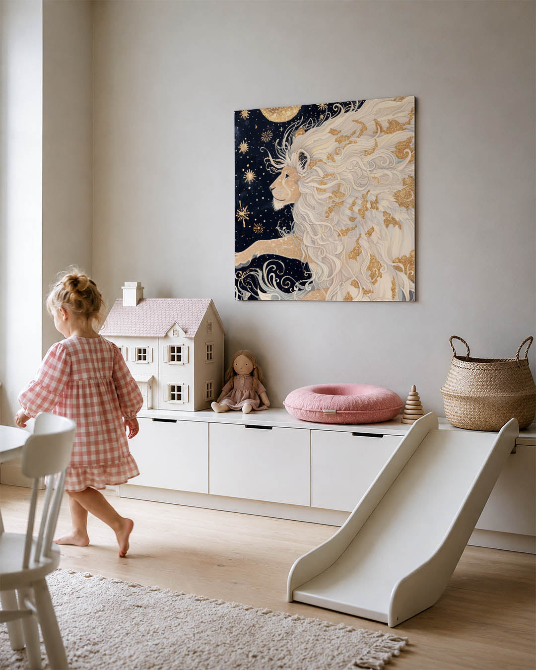 Leeuw met sterren kunstwerk – tweede productweergave – dit kunstwerk toont een majestueuze leeuw met een weelderige manen