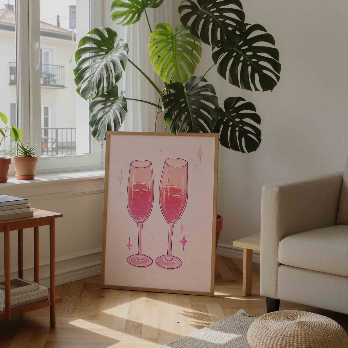 Twee glazen met roze drank – feestelijke wandkunst als portret poster
