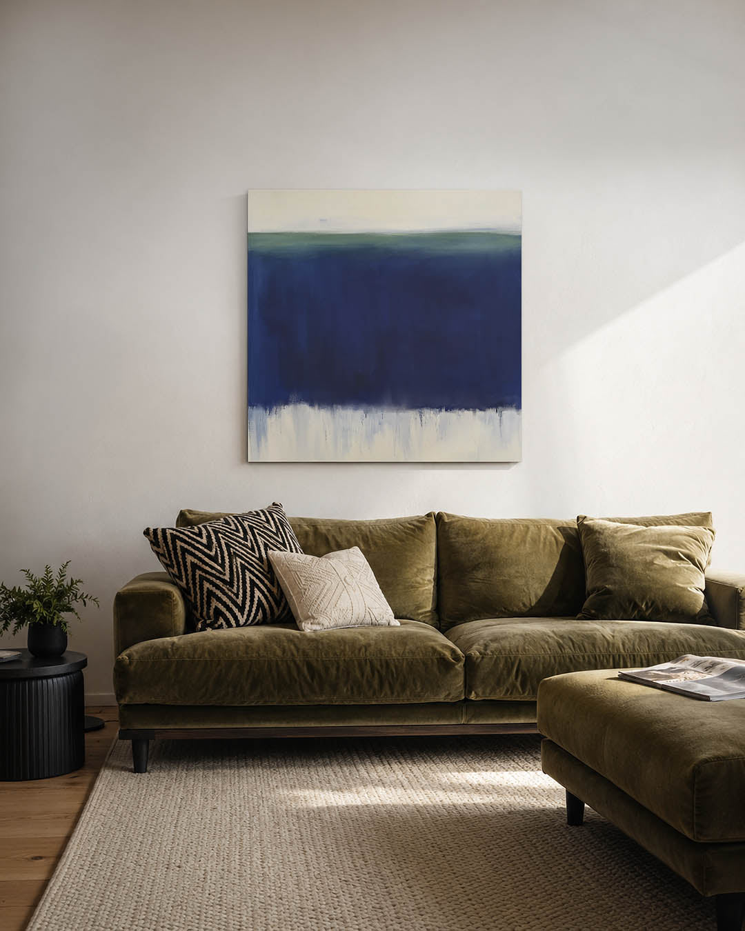 Horizontale kleurenlaag kunstwerk – derde productweergave – dit werk toont een brede blauwe strook die de compositie