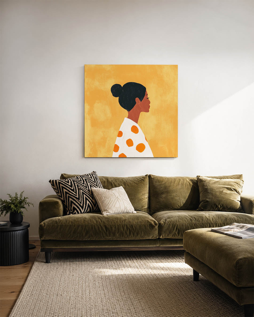 Vrouwelijk silhouet kunstwerk – sfeerbeeld – dit werk toont een vrouwelijk silhouet tegen een warme achtergrond. De