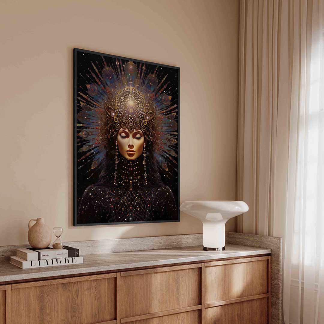 Vrouw met sierlijke kroon – surreal poster in staand formaat
