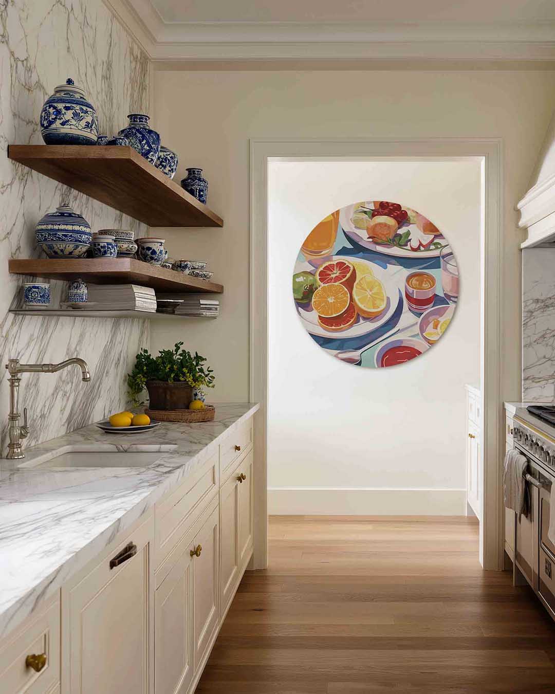 Fruit en drankjes – moderne abstracte muurcirkel voor aan de muur