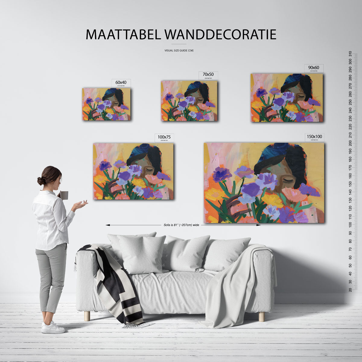 Bloemen en gezicht – kunstwerk op canvas, dibond of plexiglas