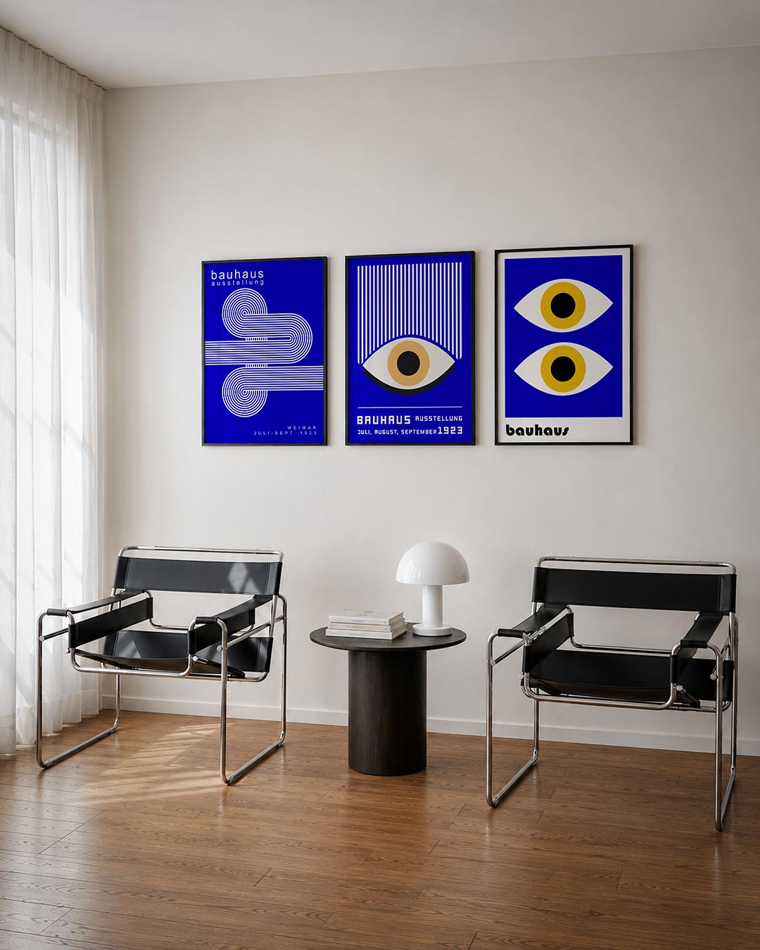 Lijnen en cirkelpatronen driedelige posterset – deze posterset in drie delen toont een levendig spel van witte lijnen en