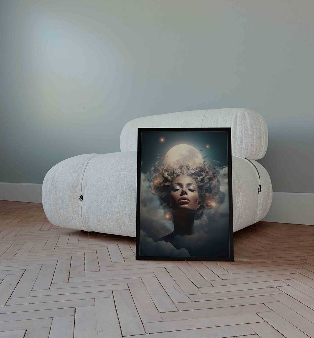 Vrouw met maan – surrealistische wandkunst als portret poster
