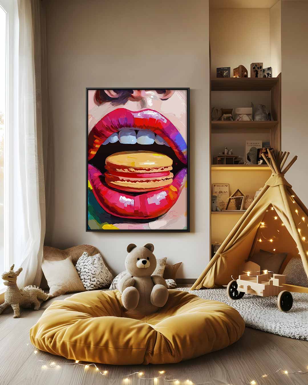 Kleurrijke Macaron Smaakexplosie – modern portret kunstwerk van WallArtistic