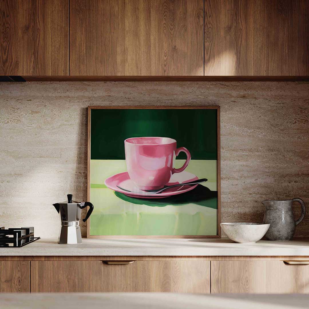 Roze kop en schotel – culinaire wandkunst als vierkante poster