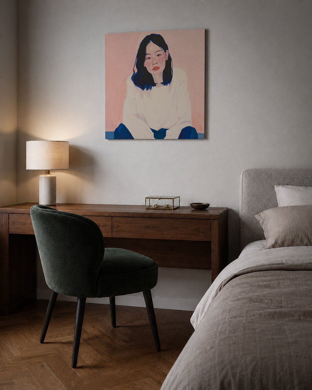 Portretstudie kunstwerk – sfeerbeeld – dit werk toont een portret tegen een zachte achtergrond. De combinatie van gedempte en