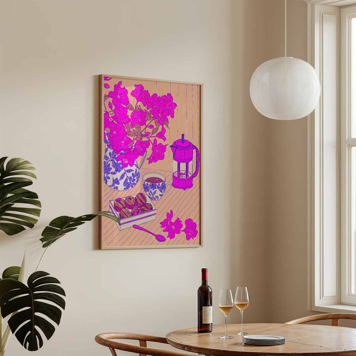 Roze Bloemen en Koffie Moment – keukenposter in staand formaat