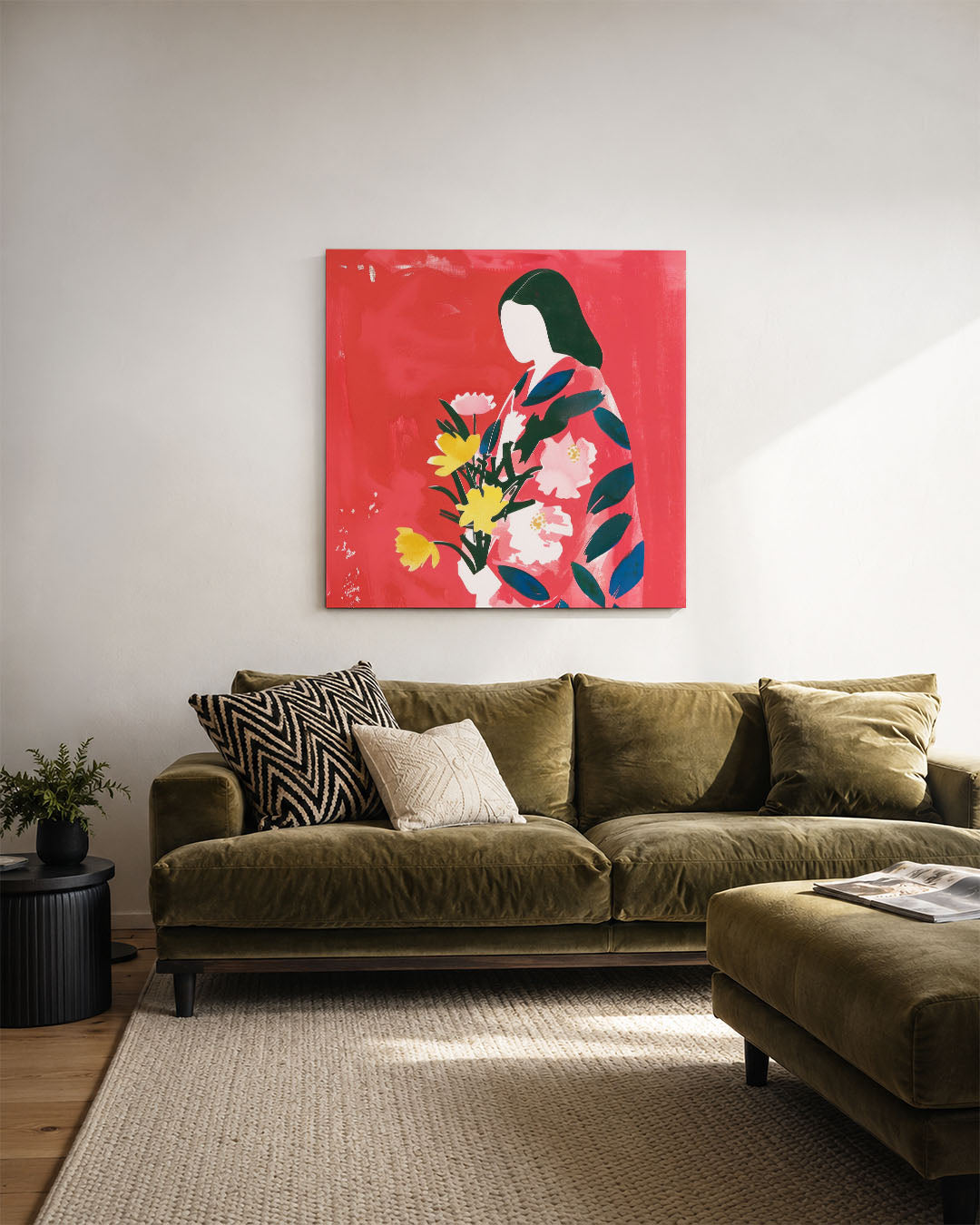 Vrouw met bloemen kunstwerk – derde productweergave – dit werk toont een silhouet van een vrouw met bloemen tegen een