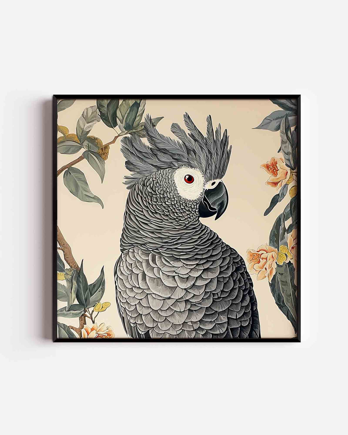 Grijze papegaai – vierkante dierenposter als wanddecoratie