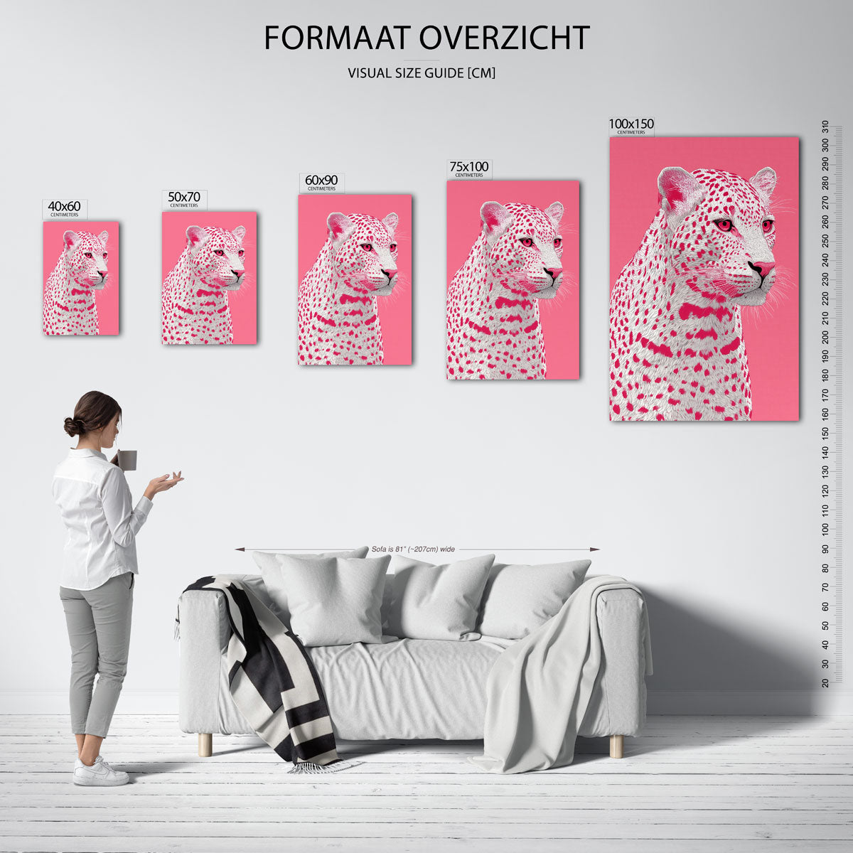 Roze luipaard portret – staand wanddecoratie kunstwerk