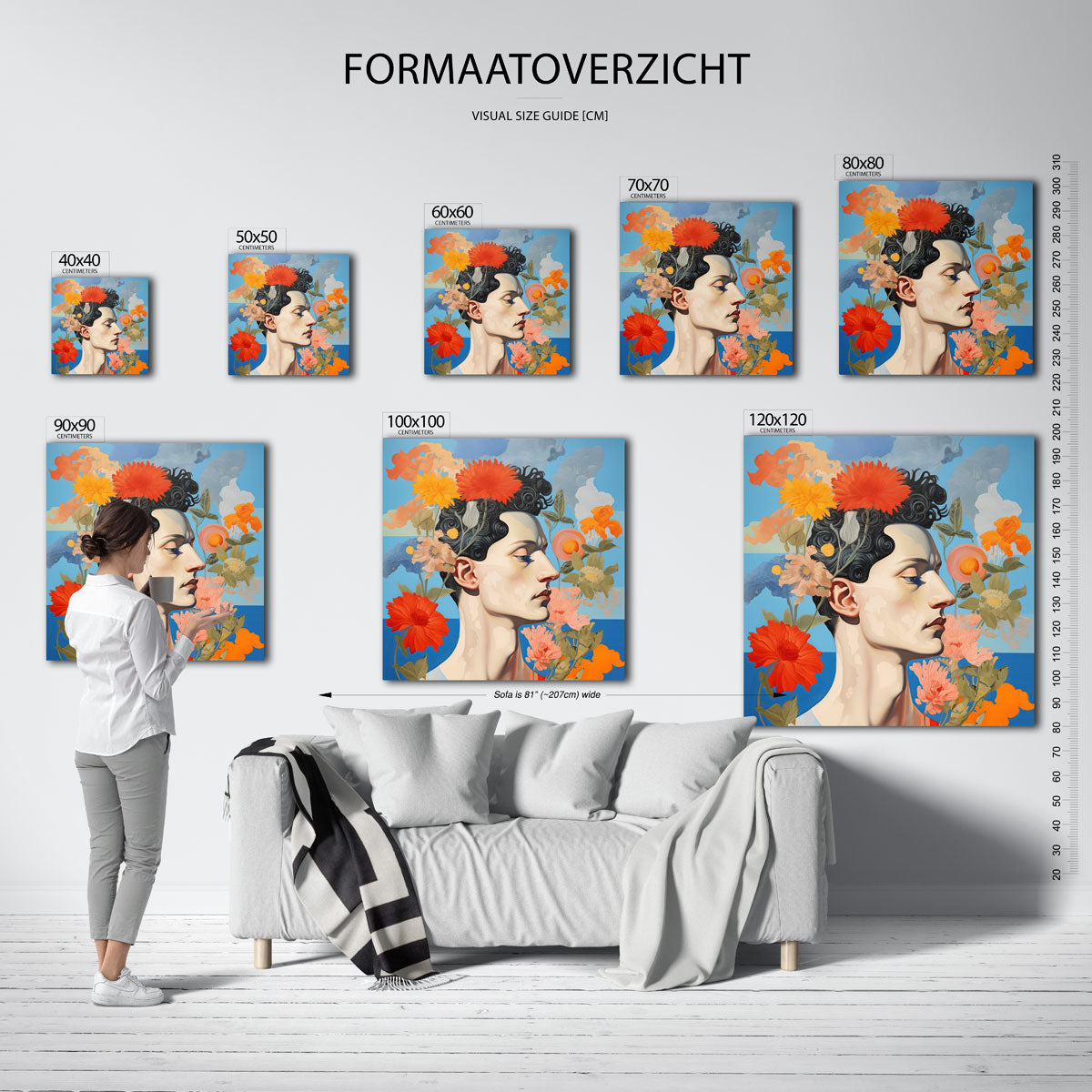 Bloemen en profiel – vierkante muurposter met kleurrijke illustratie