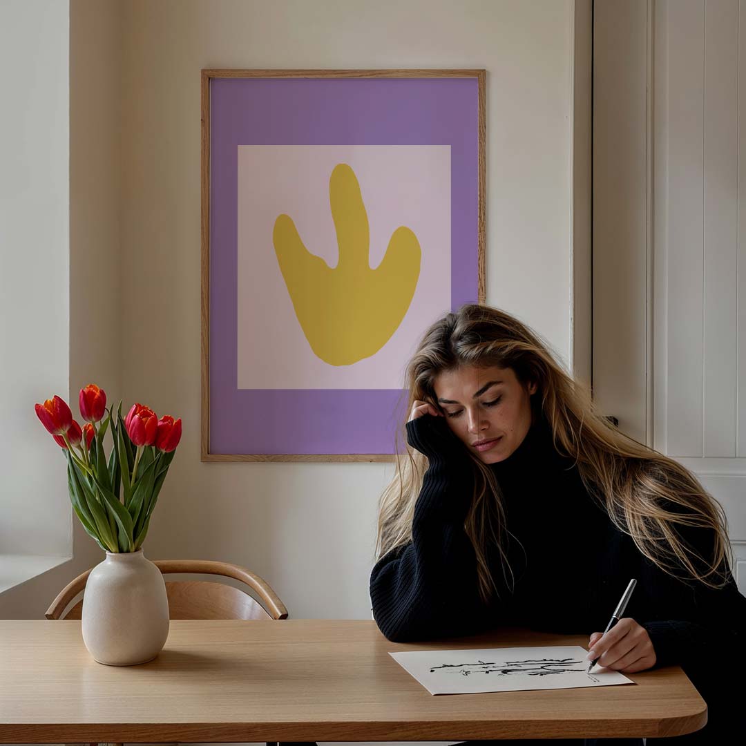 Vrolijke Gele Abstracte Kunstposter – staande muurposter met kleurrijke abstracte vormen