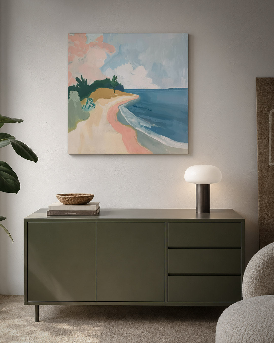 Kleurrijk strandlandschap kunstwerk – detailweergave – dit werk toont een serene kustlijn met zachte kleuren. De lucht en zee
