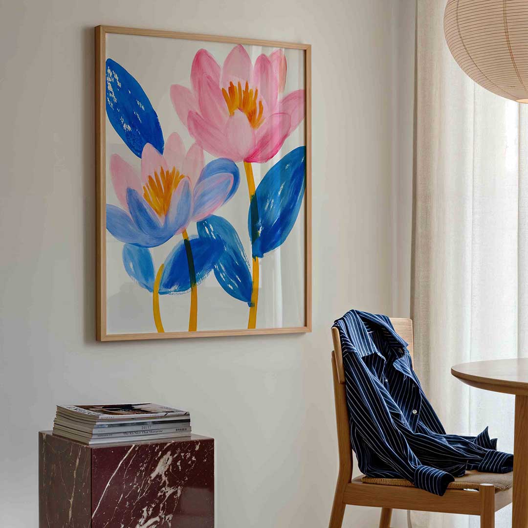 Bloemen in blauw en roze – bloemen poster in staand formaat