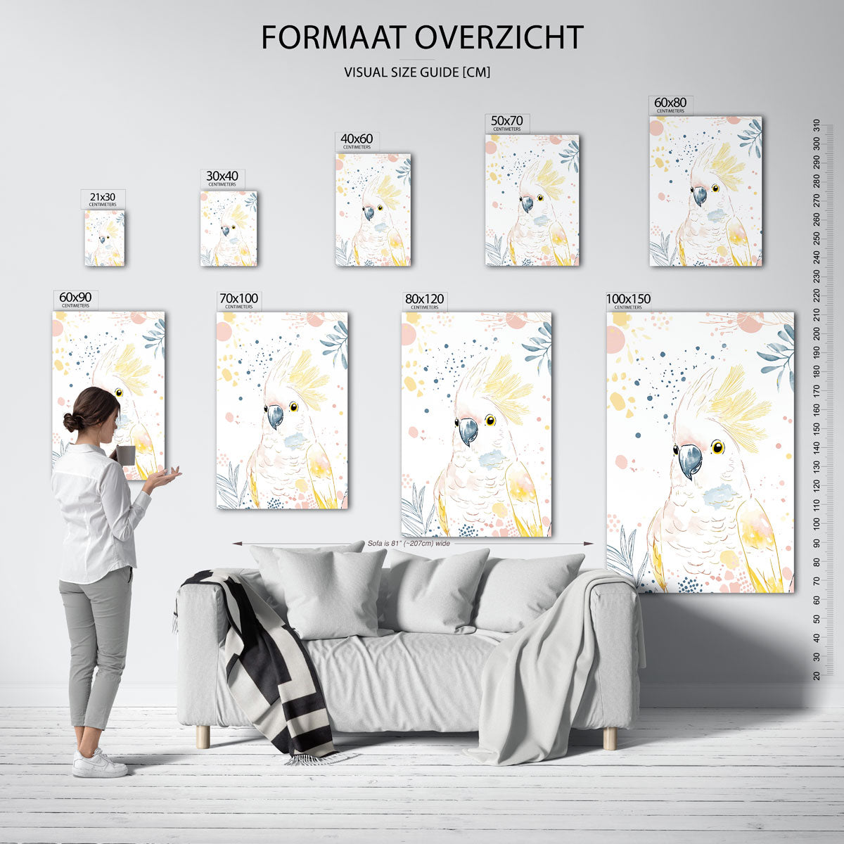 Papegaai met bladeren – staande muurposter met hedendaagse illustratie