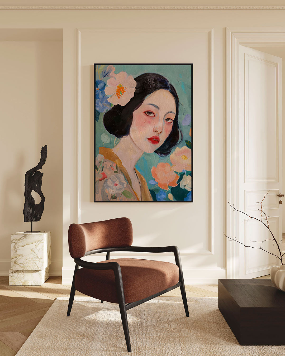 Vrouwelijk portret bloemen – staande wanddecoratie