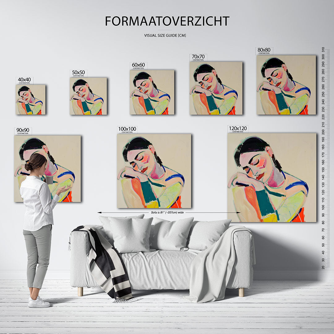 Kleurencompositie kunstwerk – materiaalweergave – dit werk toont een figuur met een mix van levendige kleuren en zachte