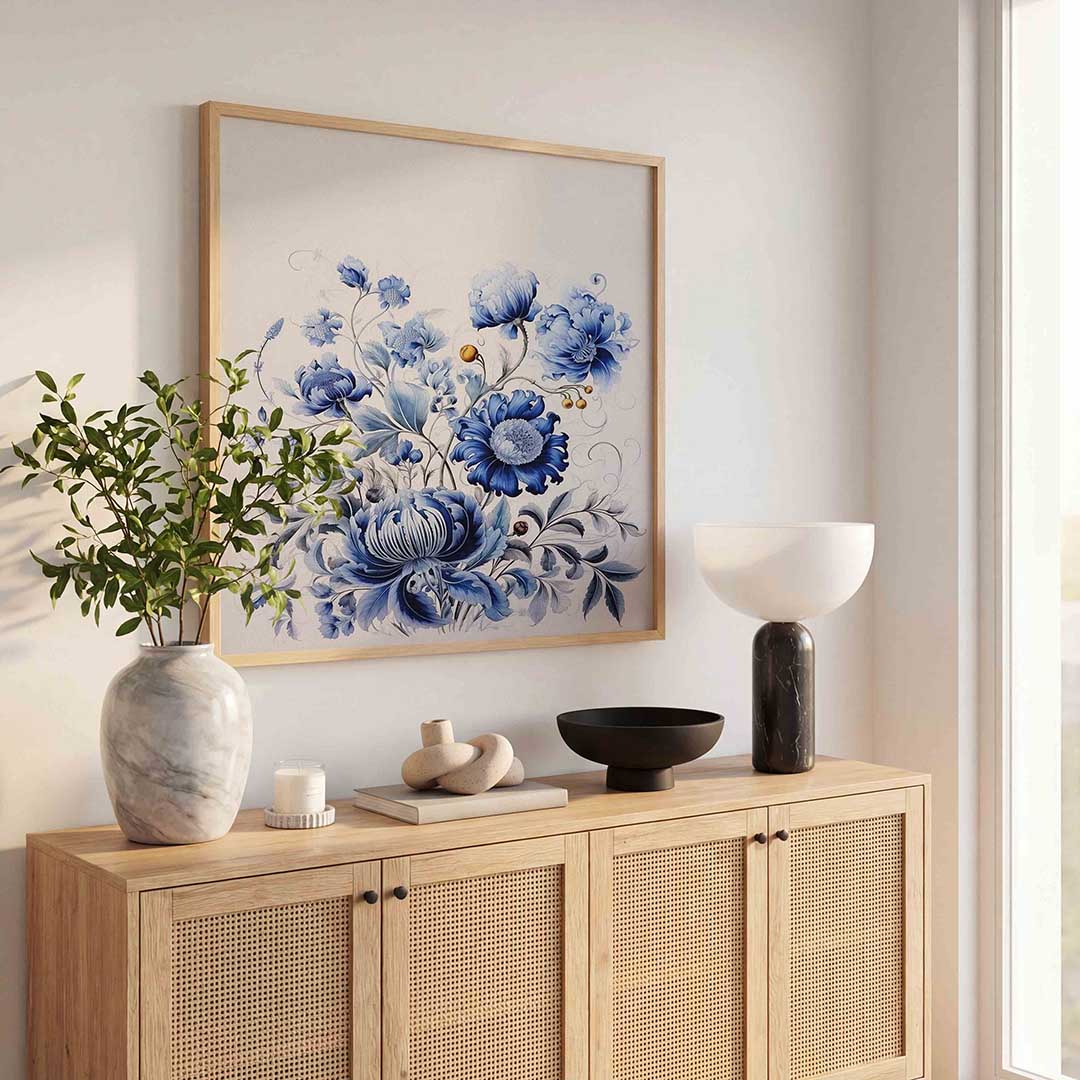 Blauwe bloemen – bloemen wandkunst als vierkante poster