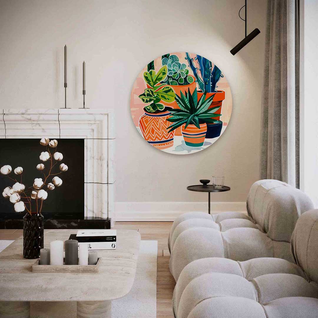 Planten in potten – kleurrijke illustratie muurcirkel als wanddecoratie