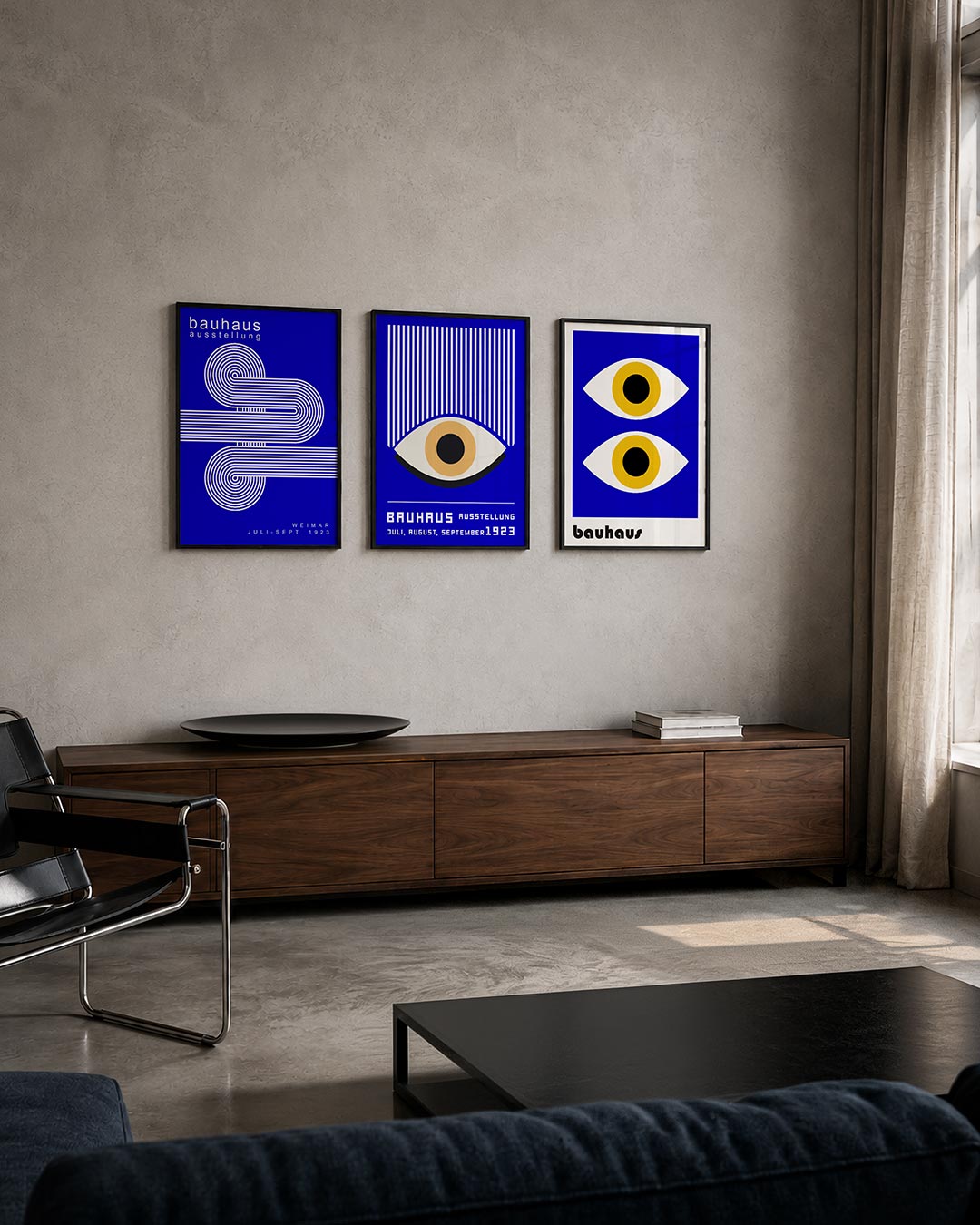 Lijnen en cirkelpatronen posterset – tweede productweergave – deze posterset in drie delen toont een levendig spel van witte